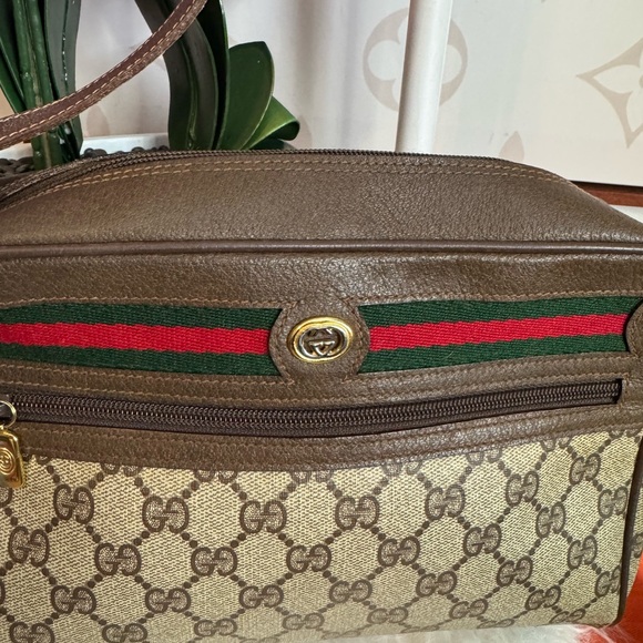 Gucci Handbags - Gucci Brown Canvas and Leather Shoulder Bag with Red & Green Web